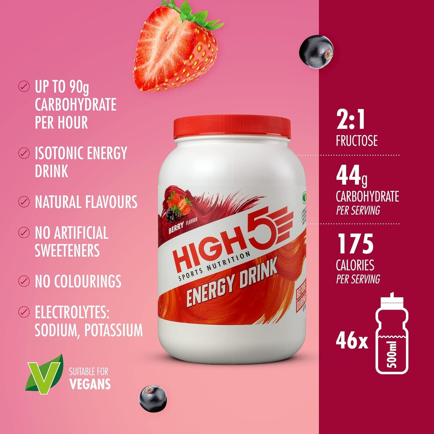 HIGH5 Energy Drink - Electrolytes Sport Energy Drink Powder - Isotonic Drink with 2:1 Fructose - Hydration for Running, Cycling, Endurance Fuel - Natural Flavours, Vegan (Berry, 2.2kg - 46 Servings)