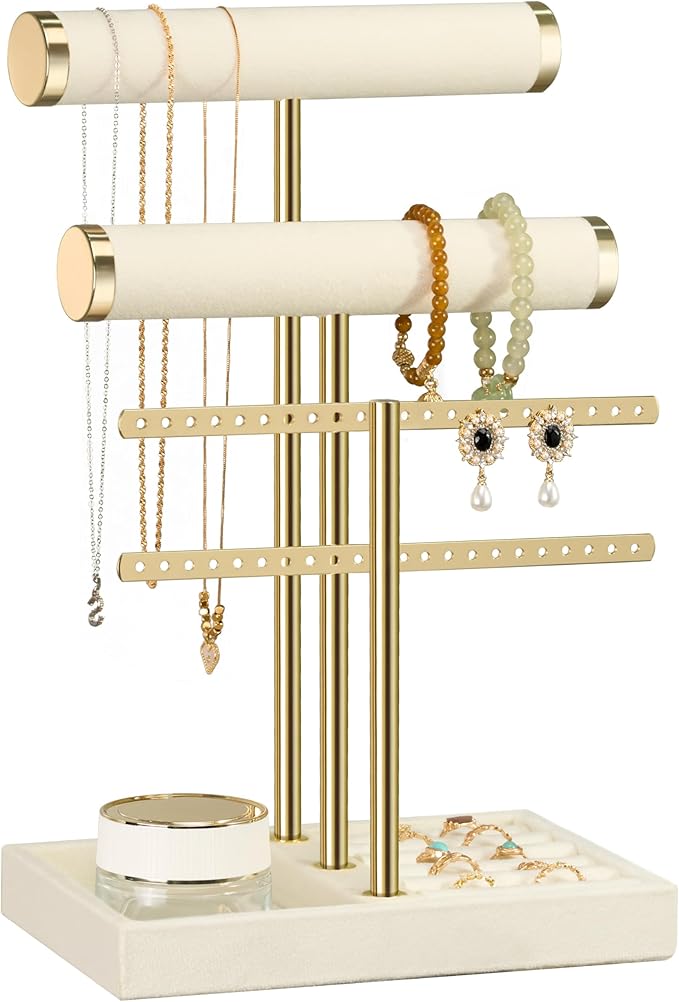 Josmimic 3 Tier Bracelet Holder Display - Detachable T Bar Beige Velvet Bracelet Holder, Jewelry Holder Organizer for Bracelet, Necklace, Watches, Rings