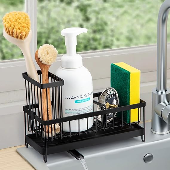 Sinnsally Sink Caddy Organiser Kitchen Sink Tidy Organizer,2 Tier Soap Dish Tray Washing up Caddy Sinkware Organiser,Sponge Holder for Kitchen Accessories Storage Rack with Brush Holder