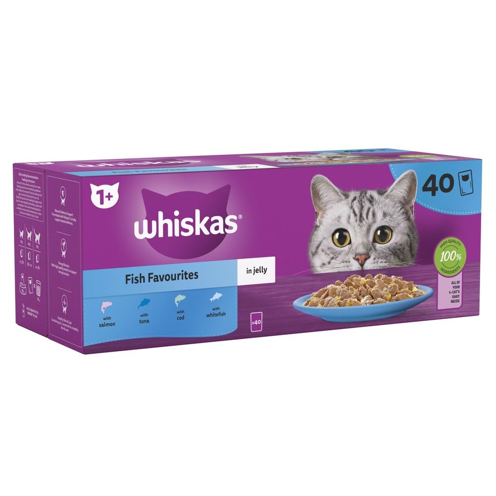 WHISKAS Wet Cat Food 1+ Years – Fish in Jelly – 40 x 85g Pouches – Adult Cat Megapack