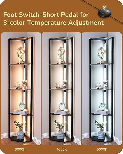 EDISHINE LED Floor Lamps with Shelves, 4 Layers Wood Dimmable Standing Lamp, 360° Rotatable Poles, Corner Floor Lamps for Living Room Bedroom Office, Walnut Brown