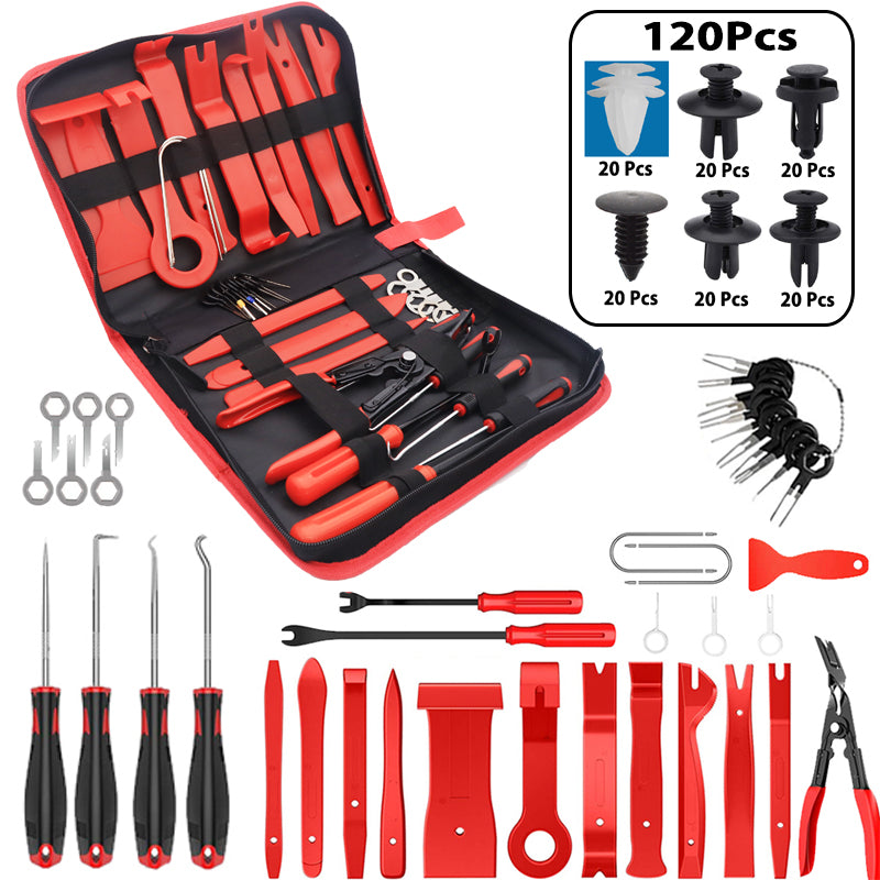 Wetado Trim Tools Auto Removal Kit, 120Pcs Car Trim Puller Tool Kit, Plastic Pry Tools Set for Trim/Panel/Door/Audio, Auto Clip Pliers/Fastener Remover/Terminal Removal Tool Kit (Dark Red-200PCS)