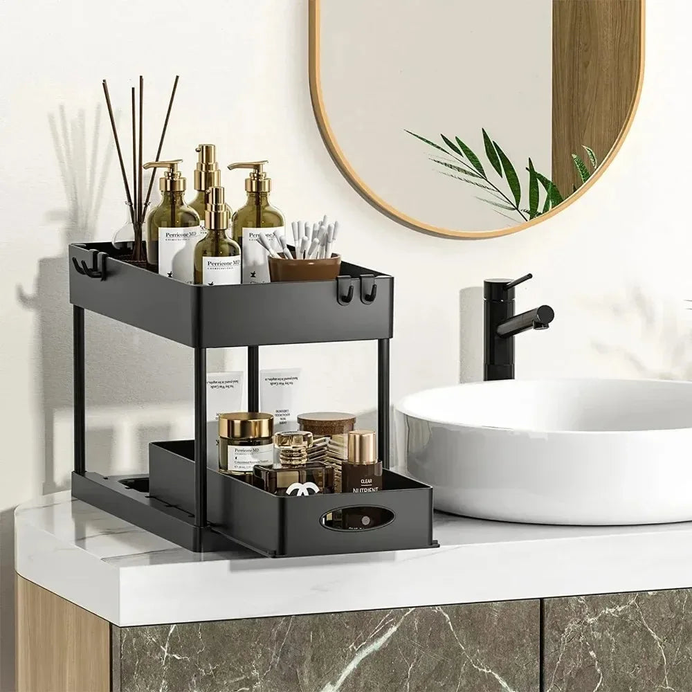 Coselena 2-Tier Under Sink Storage Organiser – Durable Slide-Out Cupboard Organiser with Easy-Access Drawers – Multi-Purpose Under Sink Organiser for Kitchen Storage & Organisation - Black