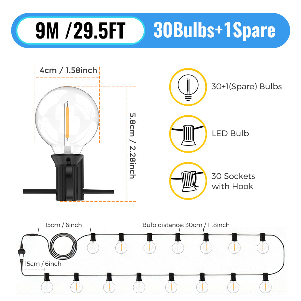 100FT LED G40 Globe String Lights Outdoor, 100 Pcs Plastic Waterproof Bulbs For Christmas Party Garden Decorative Garland Lamp