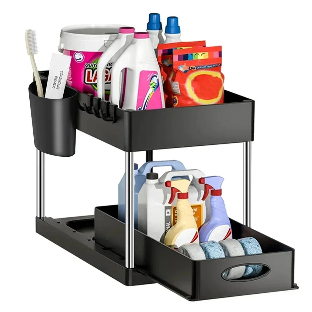 Coselena 2-Tier Under Sink Storage Organiser – Durable Slide-Out Cupboard Organiser with Easy-Access Drawers – Multi-Purpose Under Sink Organiser for Kitchen Storage & Organisation - Black