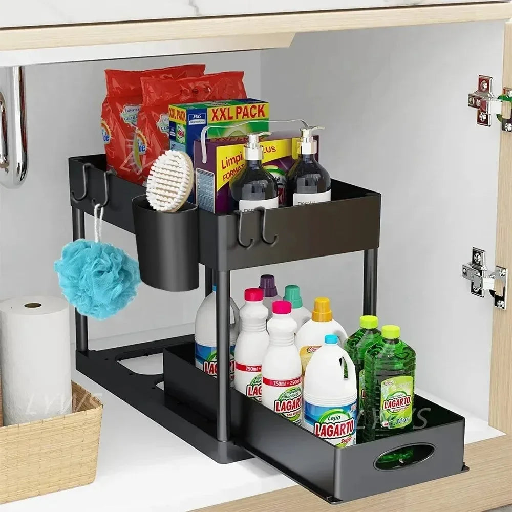 Coselena 2-Tier Under Sink Storage Organiser – Durable Slide-Out Cupboard Organiser with Easy-Access Drawers – Multi-Purpose Under Sink Organiser for Kitchen Storage & Organisation - Black