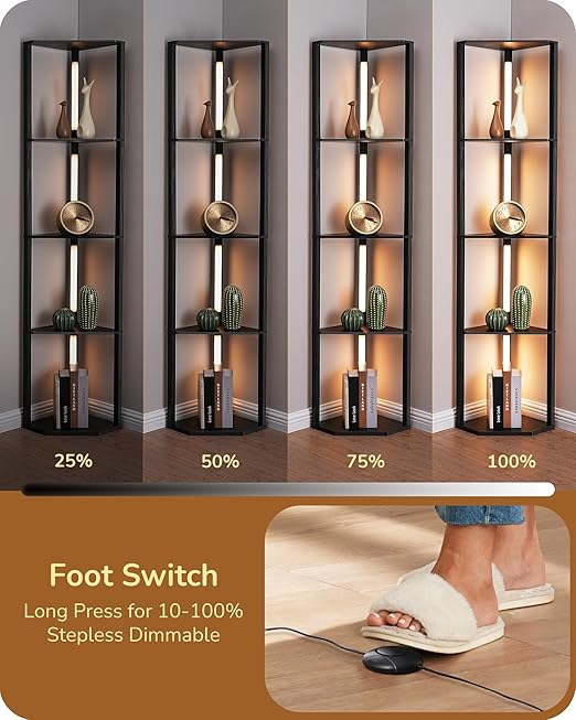 EDISHINE LED Floor Lamps with Shelves, 4 Layers Wood Dimmable Standing Lamp, 360° Rotatable Poles, Corner Floor Lamps for Living Room Bedroom Office, Walnut Brown