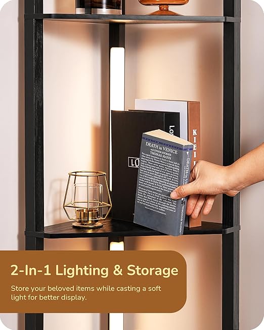 EDISHINE LED Floor Lamps with Shelves, 4 Layers Wood Dimmable Standing Lamp, 360° Rotatable Poles, Corner Floor Lamps for Living Room Bedroom Office, Walnut Brown