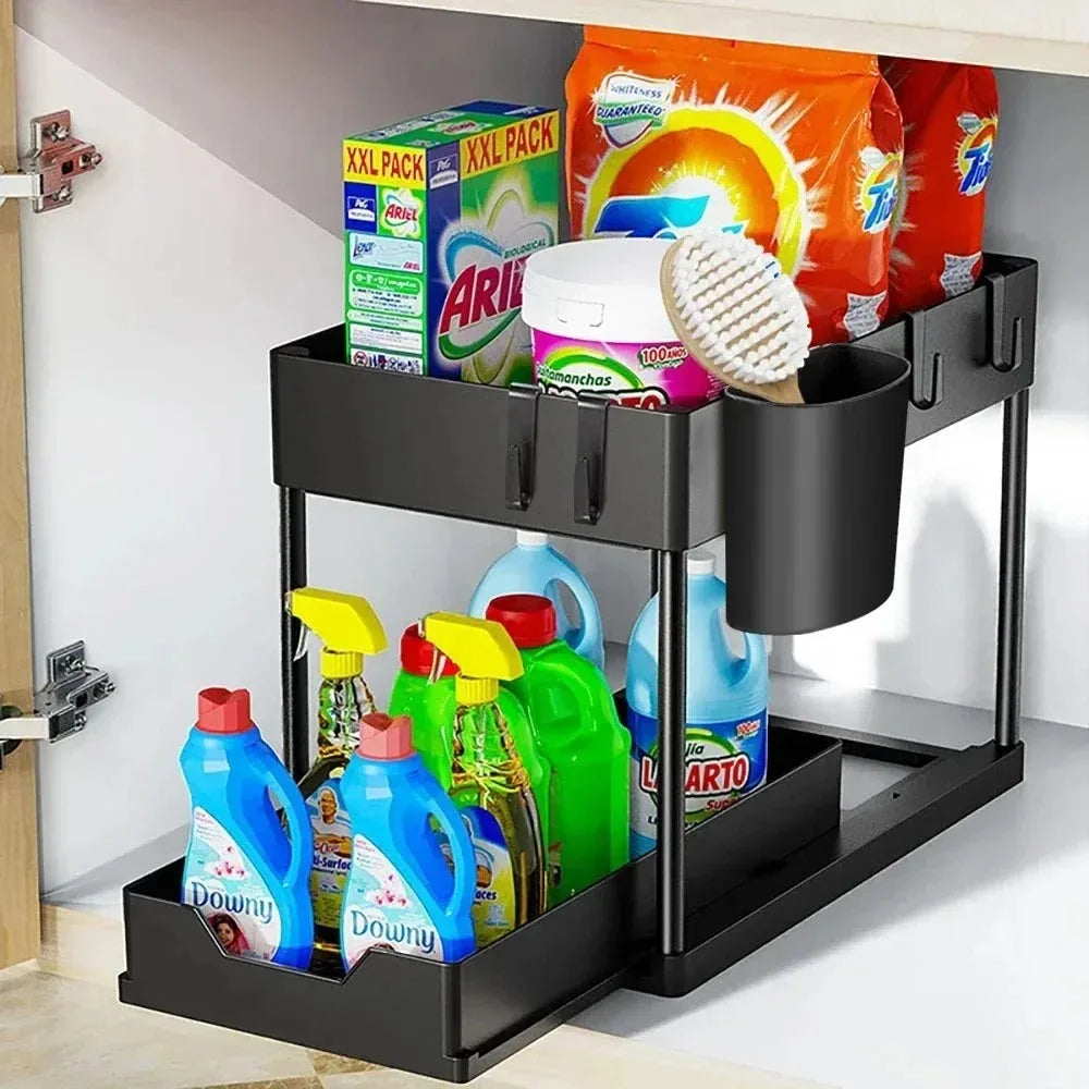 Coselena 2-Tier Under Sink Storage Organiser – Durable Slide-Out Cupboard Organiser with Easy-Access Drawers – Multi-Purpose Under Sink Organiser for Kitchen Storage & Organisation - Black